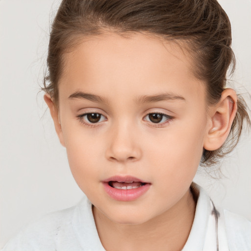 Joyful white child female with medium  brown hair and brown eyes