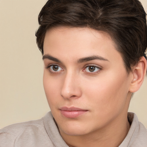 Neutral white young-adult female with short  brown hair and brown eyes