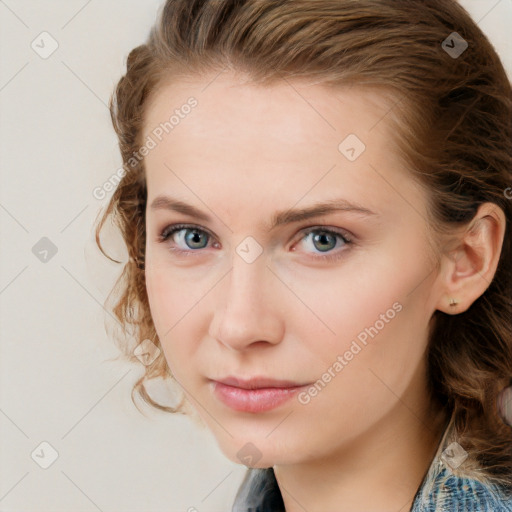 Neutral white young-adult female with medium  brown hair and blue eyes