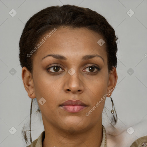 Neutral latino young-adult female with short  brown hair and brown eyes
