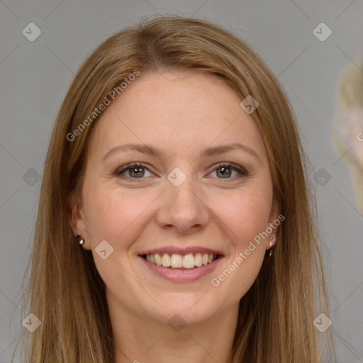 Joyful white young-adult female with long  brown hair and grey eyes