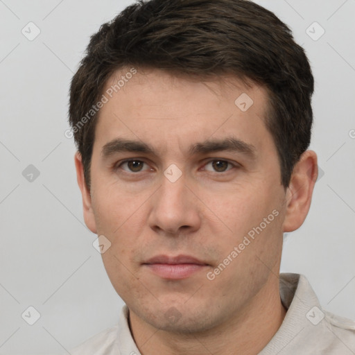 Neutral white young-adult male with short  brown hair and brown eyes