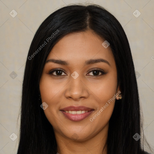 Joyful latino young-adult female with long  black hair and brown eyes