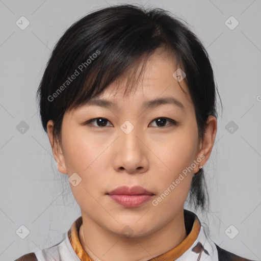 Neutral asian young-adult female with medium  brown hair and brown eyes