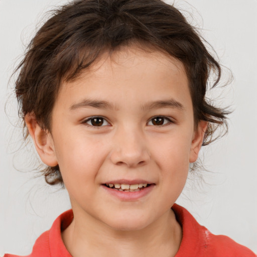 Joyful white child female with medium  brown hair and brown eyes