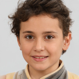 Joyful white child female with short  brown hair and brown eyes