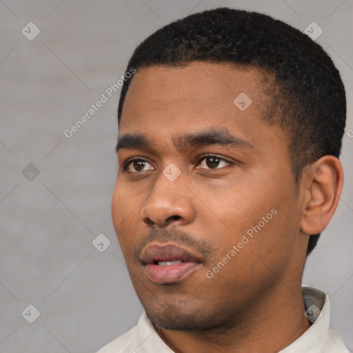 Neutral black young-adult male with short  black hair and brown eyes