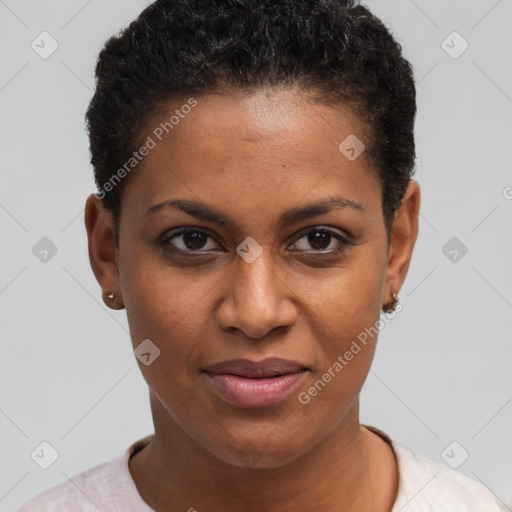 Joyful black young-adult female with short  brown hair and brown eyes