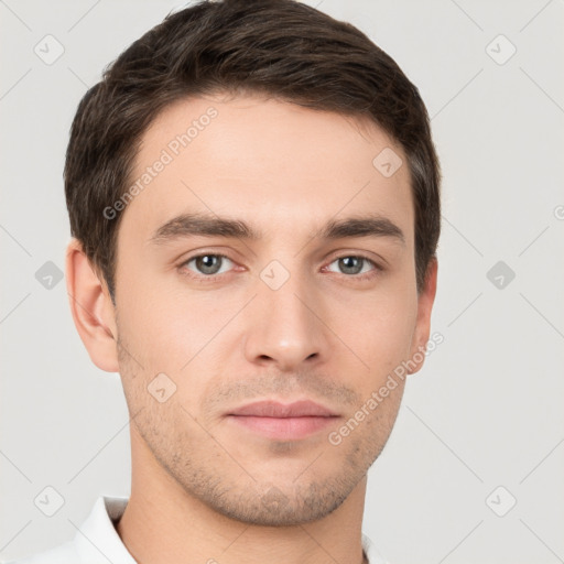 Neutral white young-adult male with short  brown hair and brown eyes