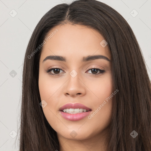 Joyful white young-adult female with long  black hair and brown eyes