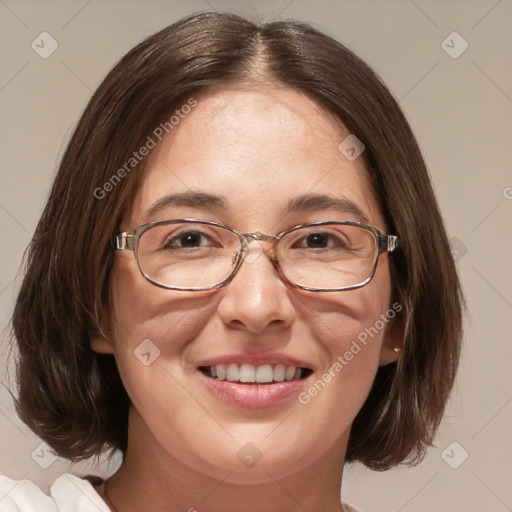 Joyful white adult female with medium  brown hair and blue eyes