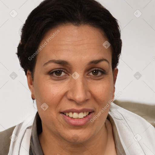 Joyful white adult female with short  brown hair and brown eyes