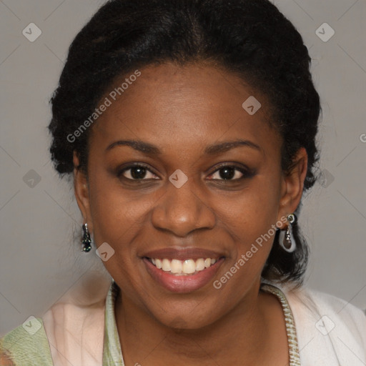 Joyful black young-adult female with medium  brown hair and brown eyes