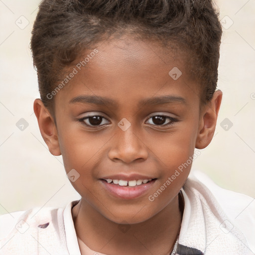 Joyful white child female with short  brown hair and brown eyes