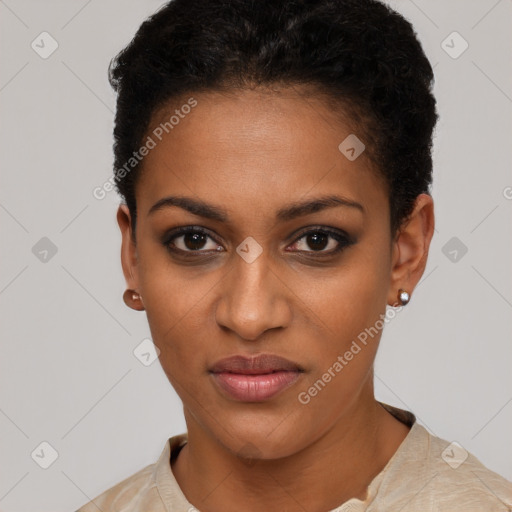 Joyful black young-adult female with short  brown hair and brown eyes