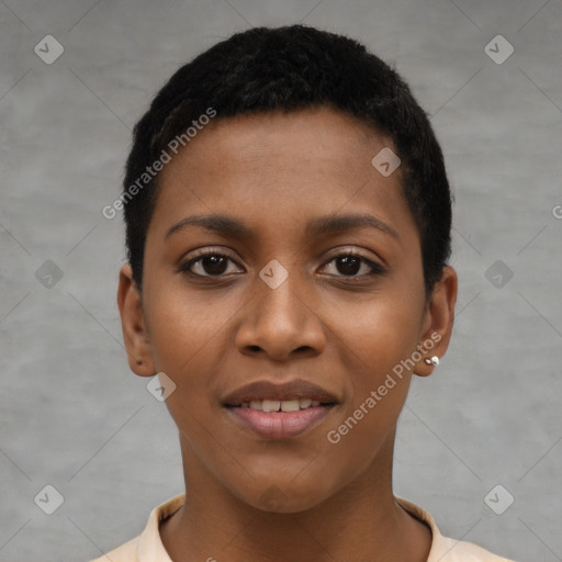 Joyful black young-adult female with short  black hair and brown eyes