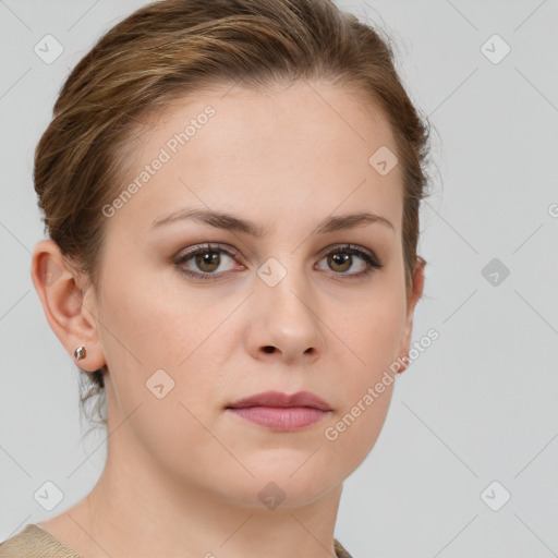 Neutral white young-adult female with short  brown hair and brown eyes