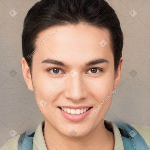 Joyful white young-adult female with short  brown hair and brown eyes