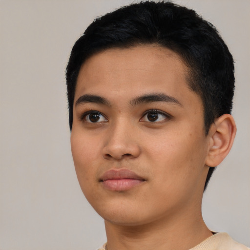 Neutral latino young-adult female with short  black hair and brown eyes