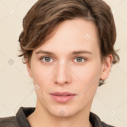 Neutral white young-adult female with short  brown hair and brown eyes