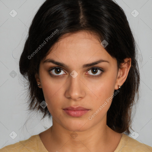 Neutral white young-adult female with medium  brown hair and brown eyes