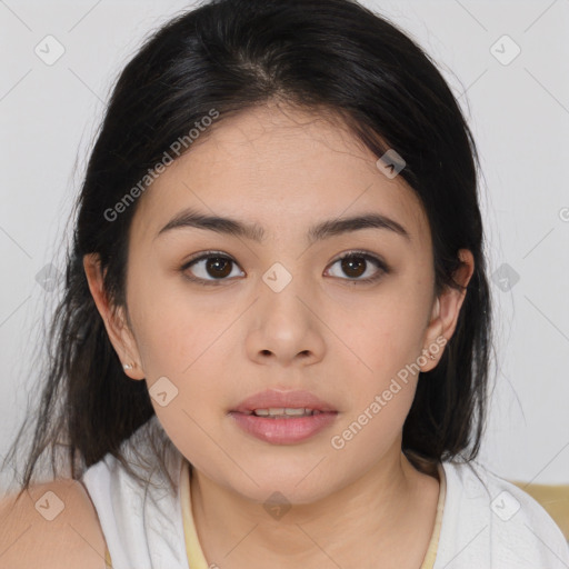 Neutral asian young-adult female with medium  brown hair and brown eyes