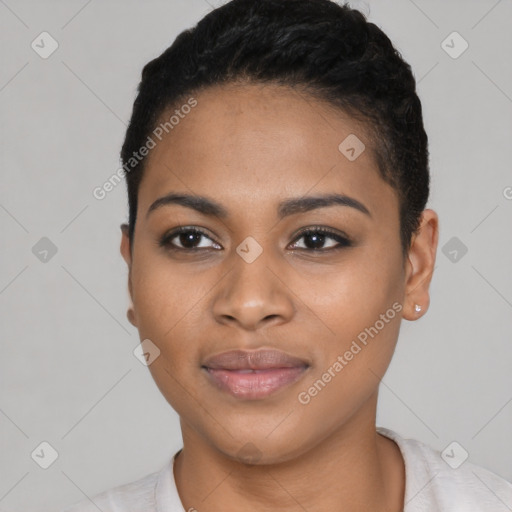 Joyful black young-adult female with short  black hair and brown eyes