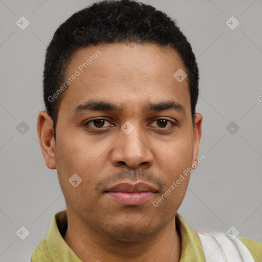 Neutral latino young-adult male with short  brown hair and brown eyes