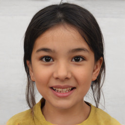 Joyful white child female with medium  brown hair and brown eyes