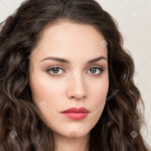 Neutral white young-adult female with long  brown hair and brown eyes