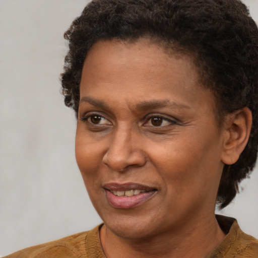 Joyful black adult female with short  brown hair and brown eyes