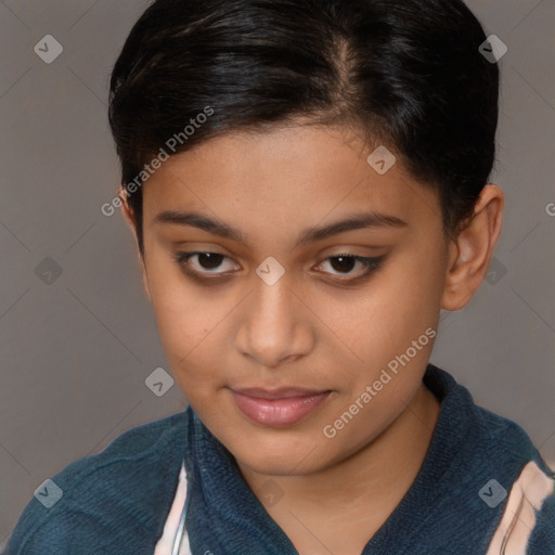 Joyful latino young-adult female with short  brown hair and brown eyes