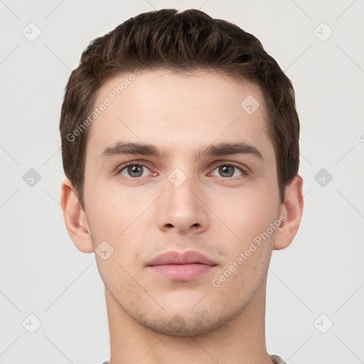 Neutral white young-adult male with short  brown hair and brown eyes