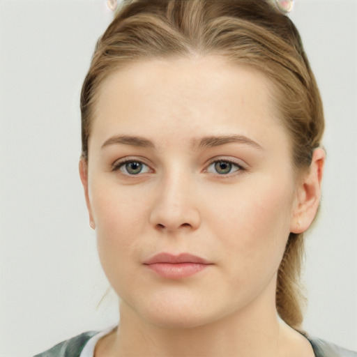 Neutral white young-adult female with medium  brown hair and blue eyes