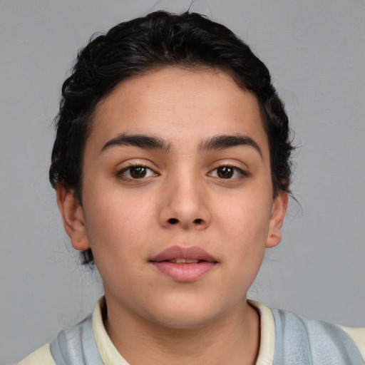 Neutral white young-adult female with short  brown hair and brown eyes