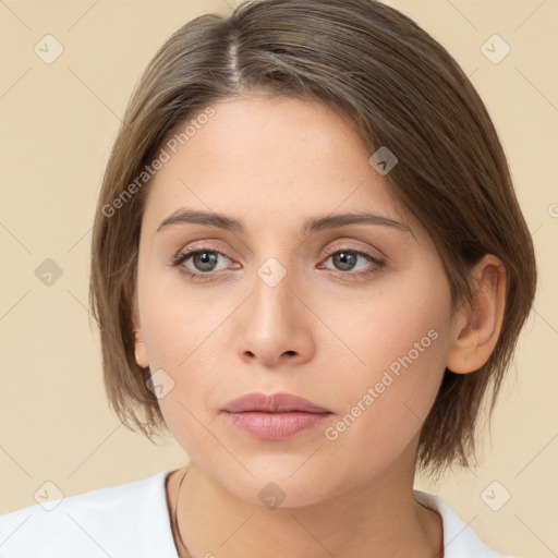 Neutral white young-adult female with medium  brown hair and brown eyes