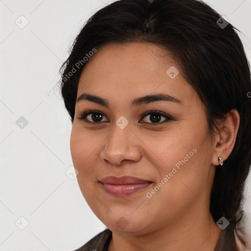 Joyful white young-adult female with medium  brown hair and brown eyes