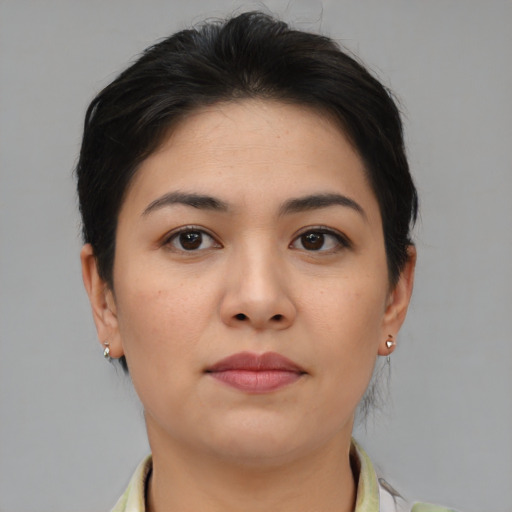 Neutral asian young-adult female with medium  brown hair and brown eyes