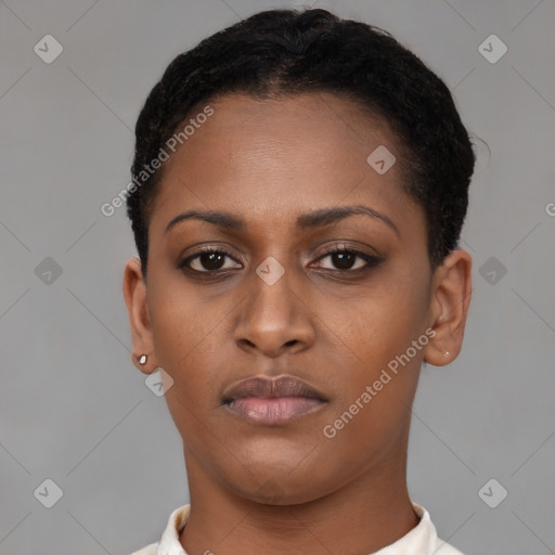 Neutral black young-adult female with short  brown hair and brown eyes