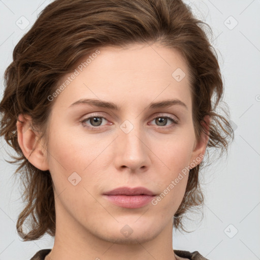 Neutral white young-adult female with medium  brown hair and grey eyes