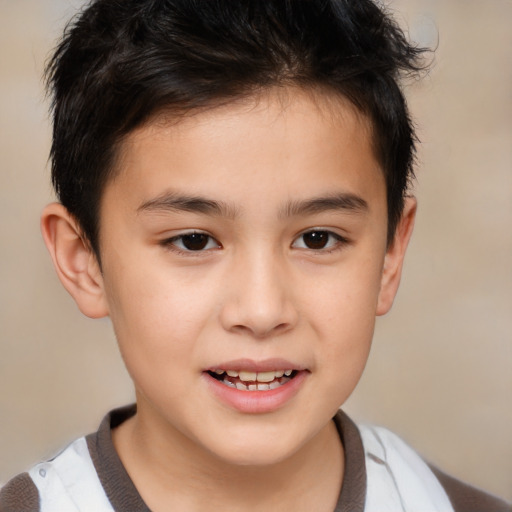 Joyful white child male with medium  brown hair and brown eyes