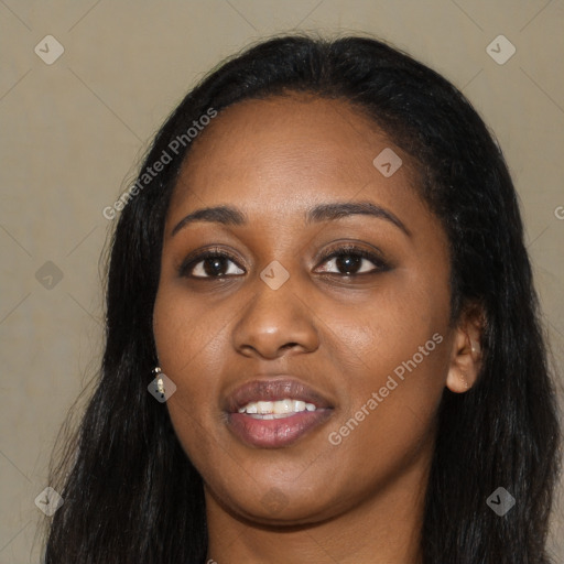 Joyful asian young-adult female with long  black hair and brown eyes