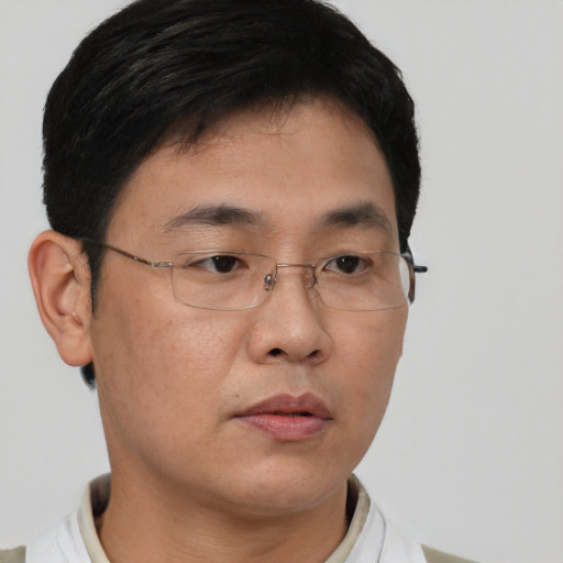 Neutral asian young-adult male with short  brown hair and brown eyes