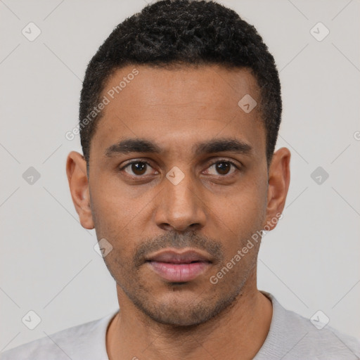 Neutral black young-adult male with short  black hair and brown eyes