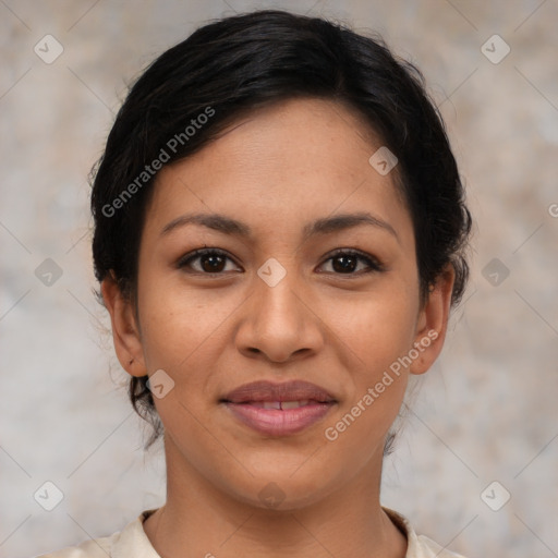 Joyful latino young-adult female with medium  black hair and brown eyes