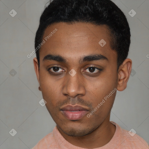 Neutral latino young-adult male with short  black hair and brown eyes