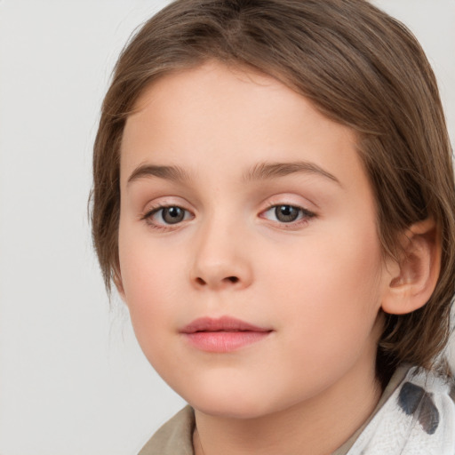 Neutral white child female with medium  brown hair and grey eyes