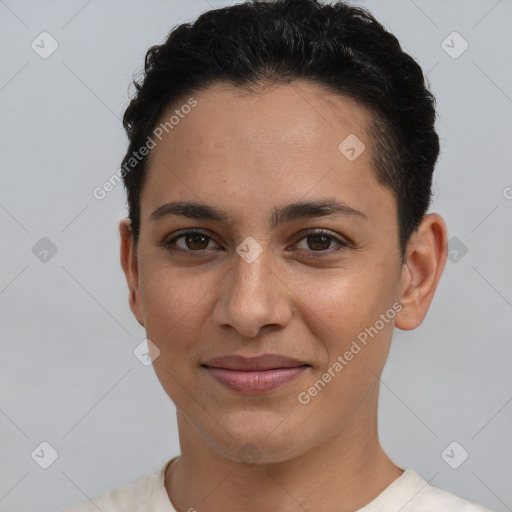 Joyful white young-adult female with short  brown hair and brown eyes