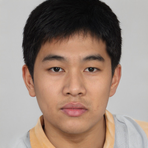 Neutral asian young-adult male with short  brown hair and brown eyes