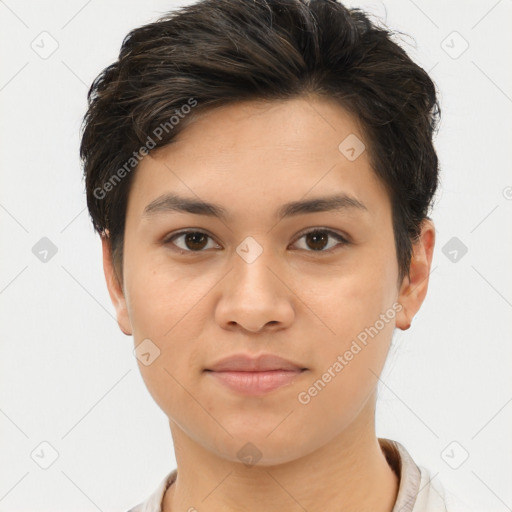 Joyful white young-adult female with short  brown hair and brown eyes